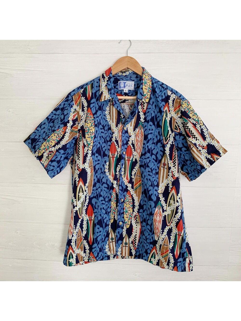 Vintage RJC Hawaiian Shirt L Surfboard Print Cotton Made Hawaii Aloha